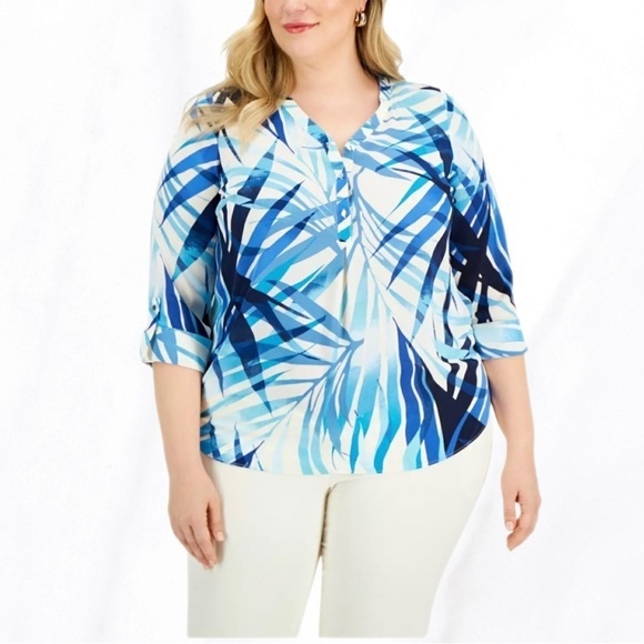 NWT, JM Collection, Blue Tropical Top - Picture 1 of 3